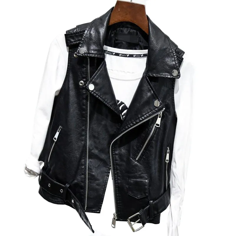 Plus Size Black Sleeveless Pu Leather Jackets 2019 Spring Summer Women Pu Belt Veste Motorcycle Jacket Waistcoat Rivet Vests 807