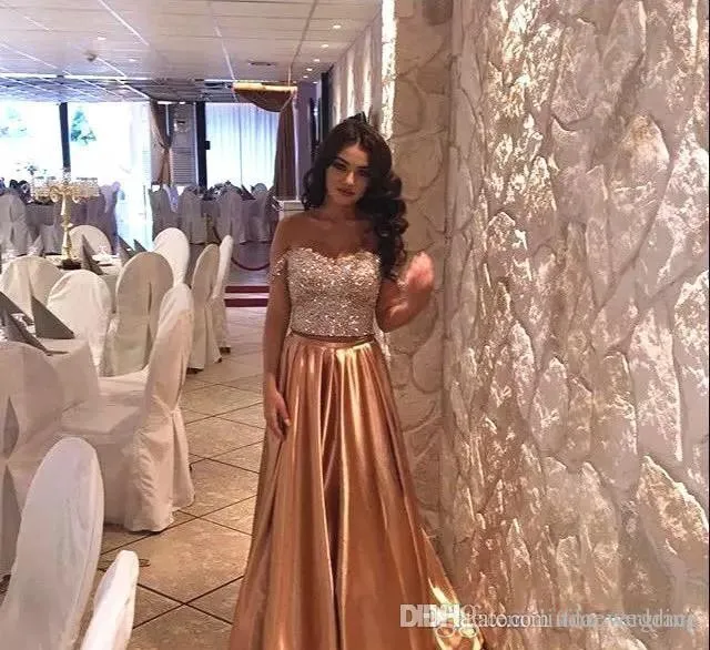 Gold Crystal Beaded Gold satin prom dress - 2019 Sleeveless Two-Piece Formal Gown for Graduation, Evening Party, and Plus Size Women