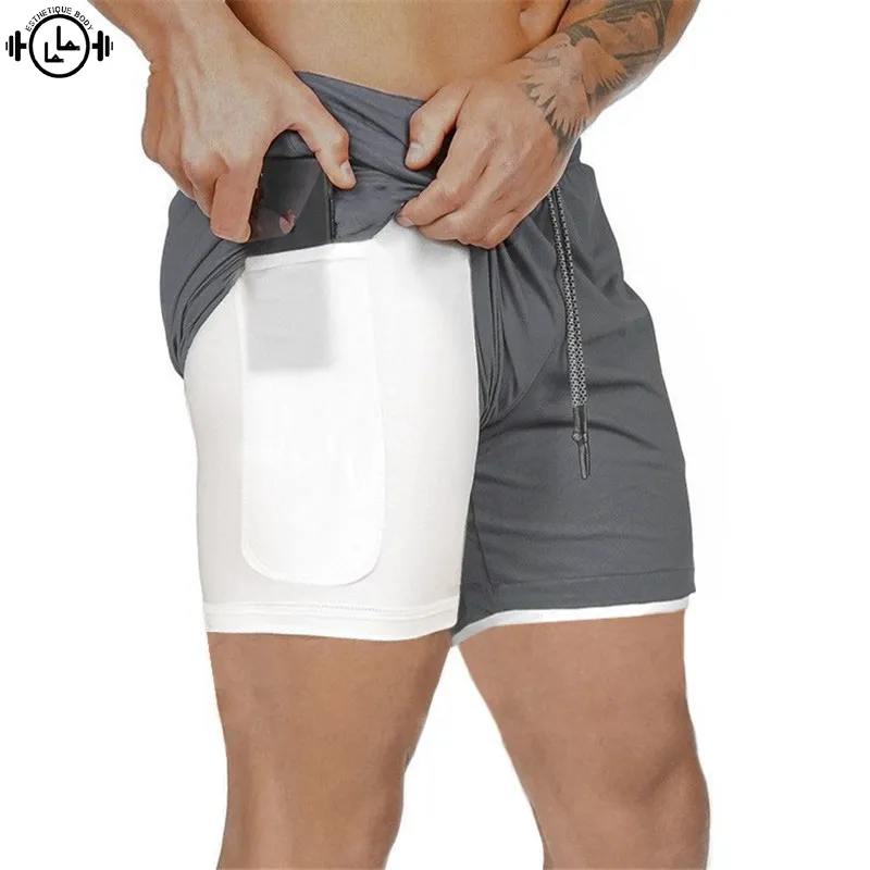 Sommar Sports träning Bottoms Män 2 i 1 Löpande Shorts Grid Quick Dry Gym Fitness Double-Deck Inbyggd Pocket Plus Size Shorts