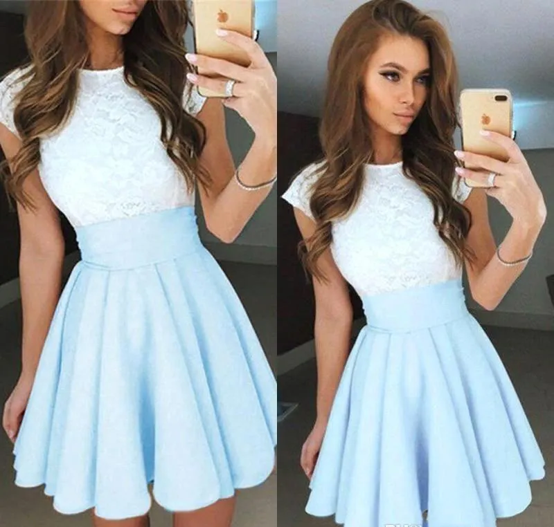Vestidos De C ctel De Encaje Azul Cielo Claro 2019 Una L nea Corta