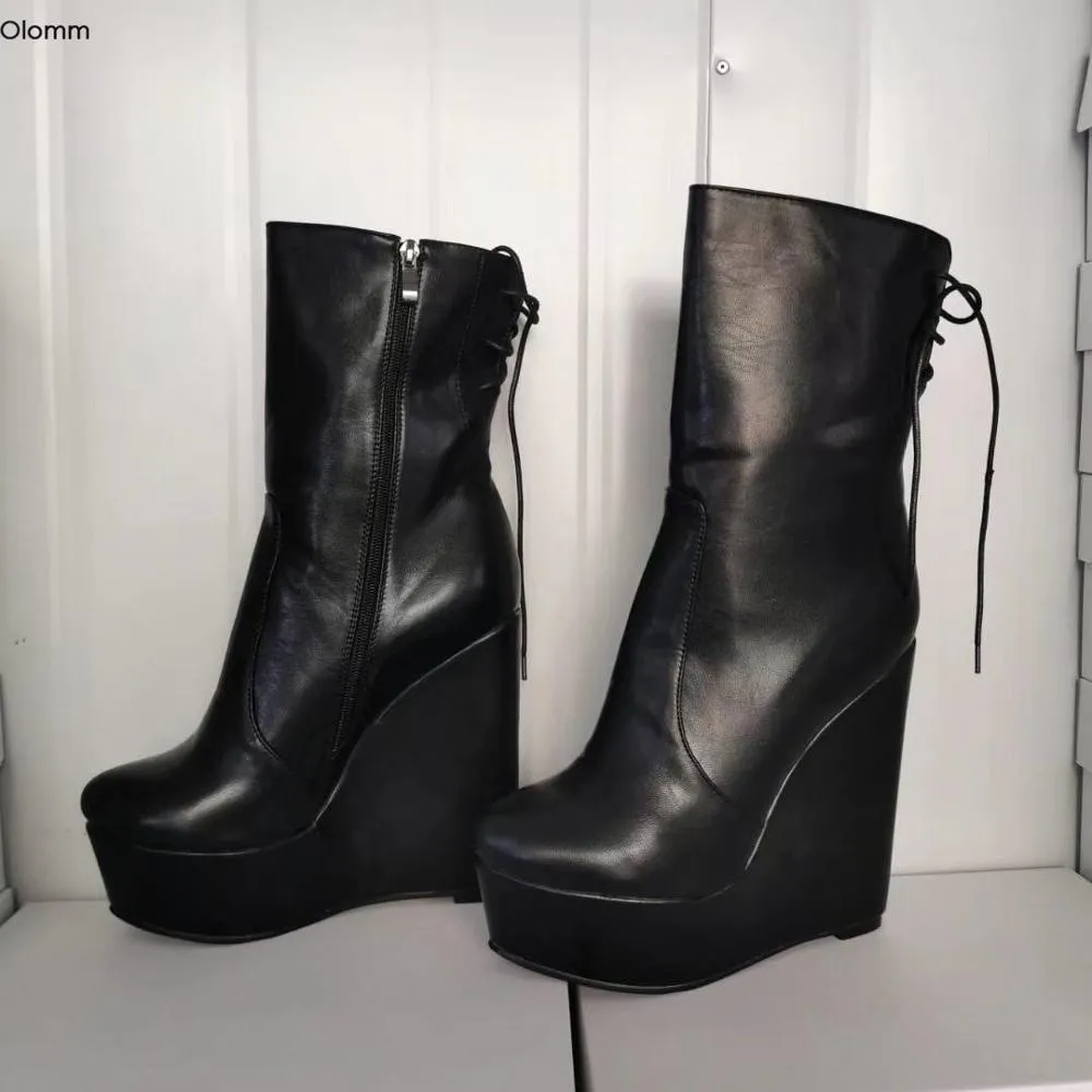 Rontic fait à la main femmes hiver plate-forme bottines compensées talons hauts bottes bout rond noir chaussures de soirée femmes grande taille américaine 5-20