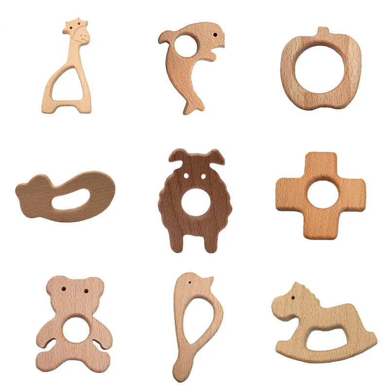 100pcs Beech Wood Animal Teethers giraffe dolphin pear eggplant Nature Baby Teething Toy Organic Wood Teething Holder Nursing Baby Teether