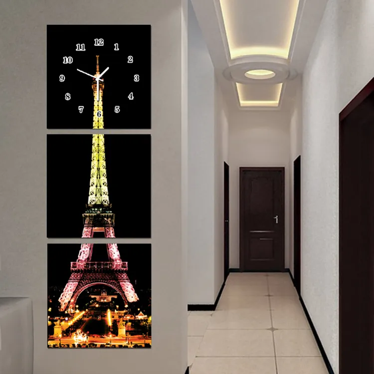 Torre Eiffel Decoração Da Parede Da Lona Pintura Trevo Relógio Decorativo Retratos Da Parede para Sala de estar Pintura Modular em Tela ou vidro