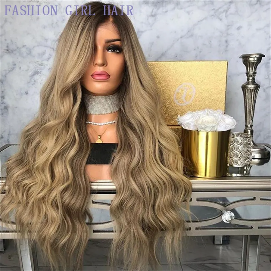 Side Part Dark Roots Ombre Blonde Brazilian Full Lace Front Wig