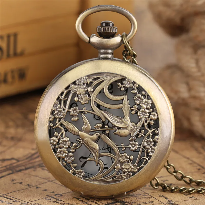 Classic Antique Magpie Pocket Watches Necklace Chain for Women Ladies Girls Friends Flower Case Quartz Watch Gift