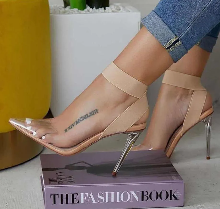 Hot Sale-Plus size 35 to 40 41 42 elastic band cross strap nude transparent PVC clear high heels luxury women designer shoes Come With Box