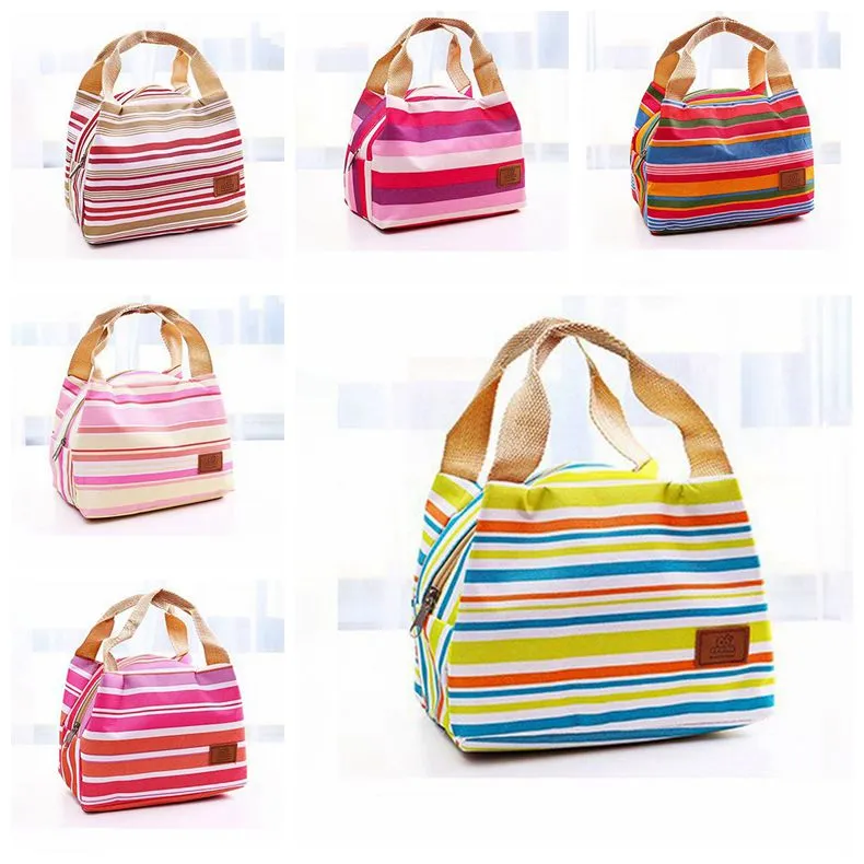 Striped Lunch Bag Protable Thermal Insulated Bento Lunch Pouch Tote Cooler Zipper Bags Outdoor Food Savers Storage Containers GGA3240-3