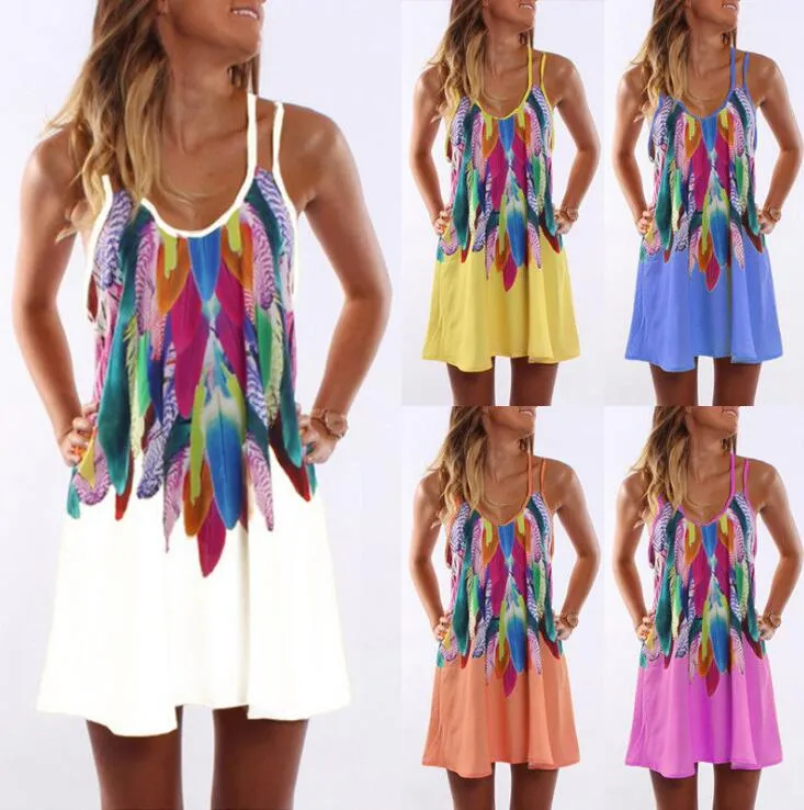 Strap robe sans manches 5 couleurs Style Boho Imprimé Floral Bandage Party Robes Femmes T-shirt Dress 10pcs LJJO6828