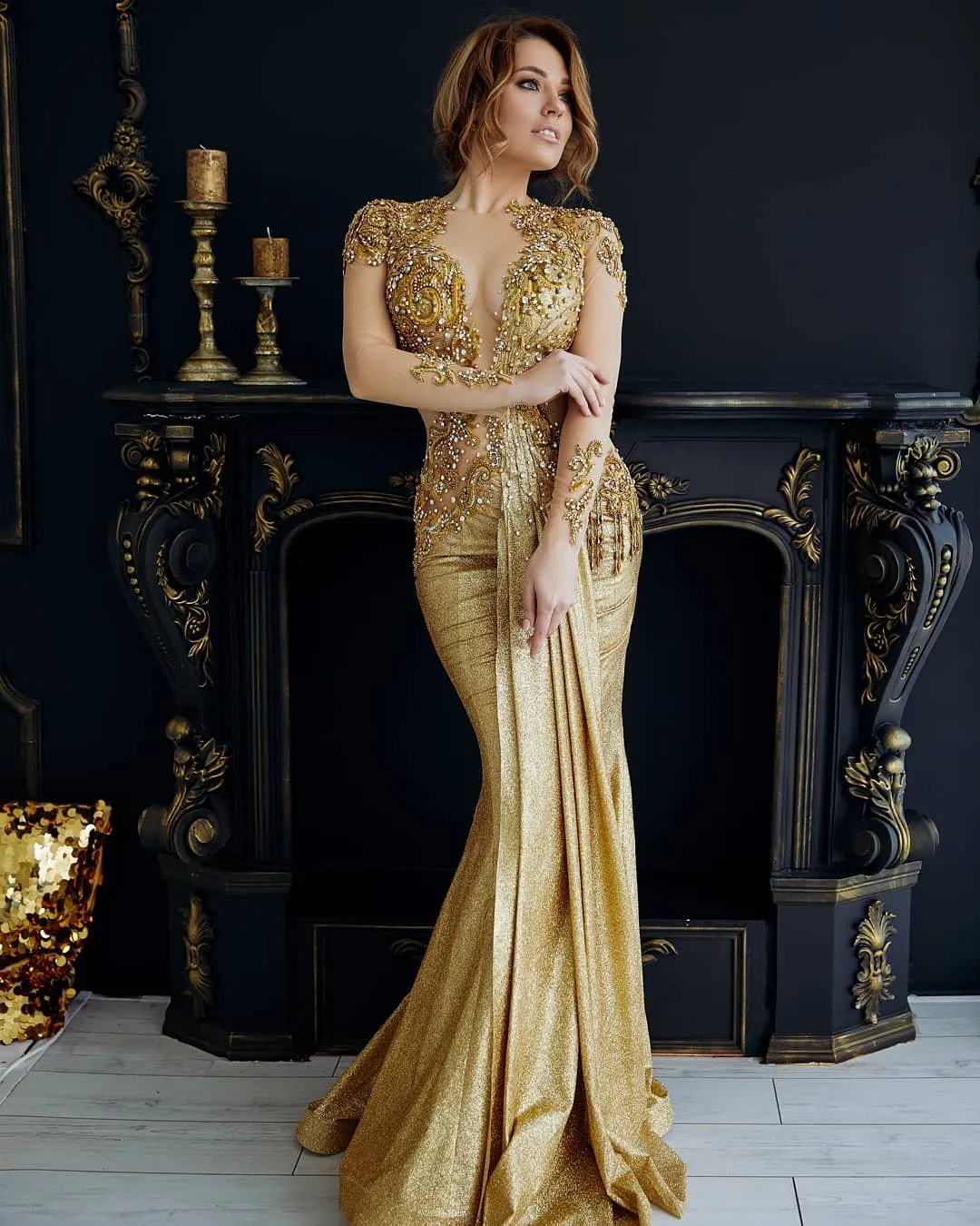 Arabic Gold Sparkly Lace Mermaid Gold evening gowns with Beaded Detailing and Long Sleeves - Perfect for Prom, Formal Parties, and Second Reception
