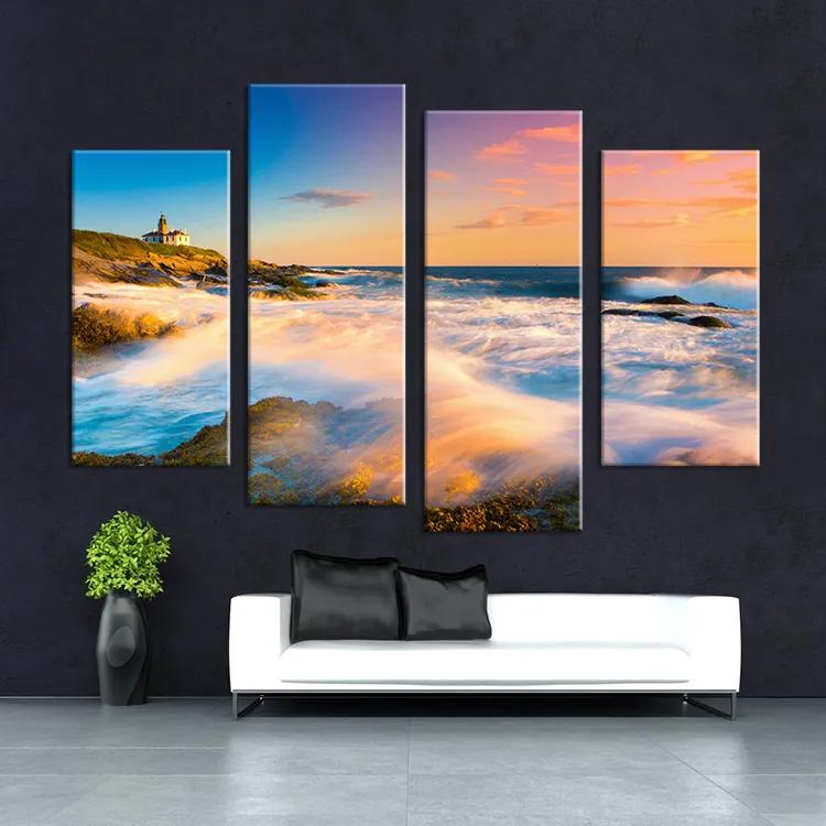 Cuadros 4pcs Nature Art Sunset Seascape Waves Wall Painting Murals Sitting Room Hangs A Picture Paints On Pictures No Framed