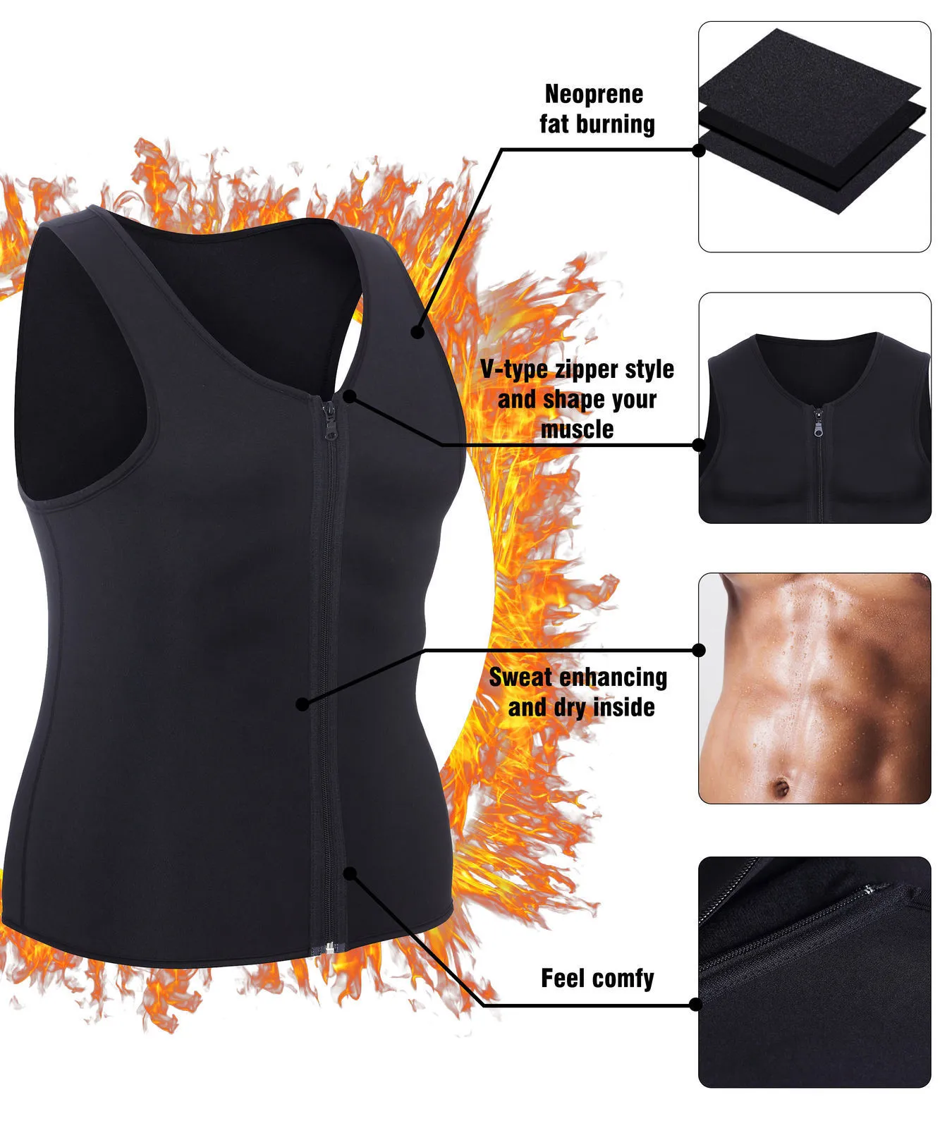 Men Waist Trainer Vest Neoprene Sauna Suit Corset Body Shaper Zipper Tank Top Workout Shirt301M