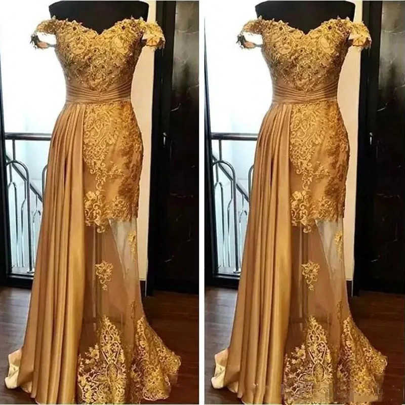 Robes de soirée élégantes en or sirène 2019 dentelle perlée robe de bal froncé longueur de plancher Illusion jupe robes de soirée formelles, plus la taille