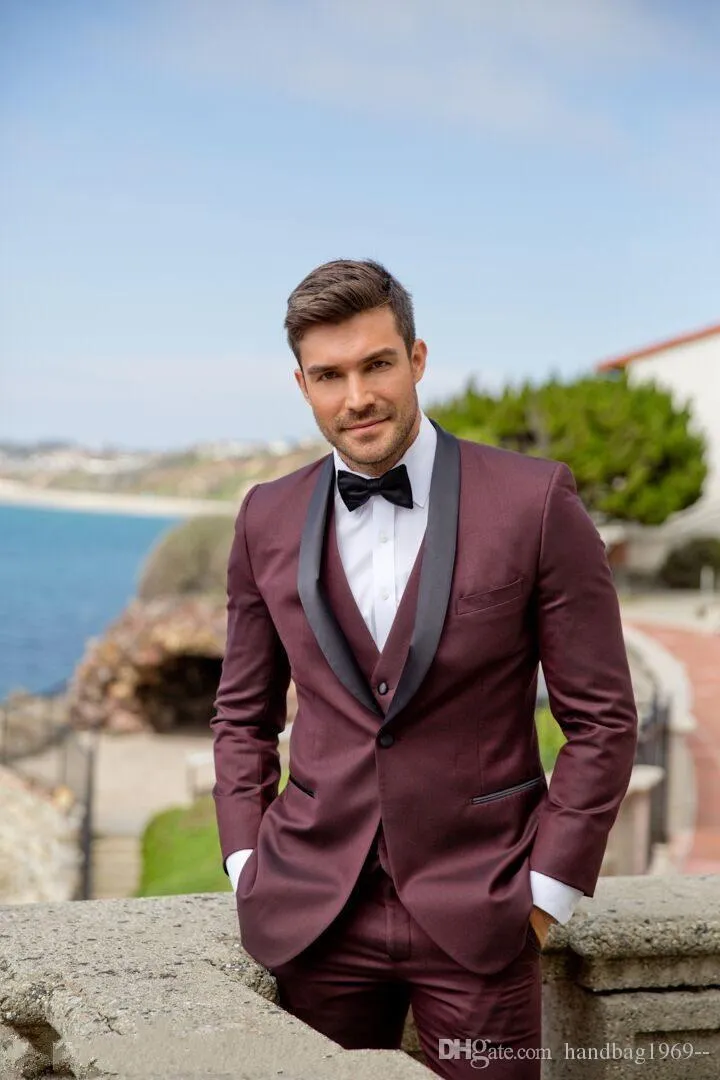 High Quality One Button Burgundy Groom Tuxedos Shawl Collar Man Prom Dress Mens Wedding Clothes Suits (Jacket+Pants+Vest+Tie) D:181