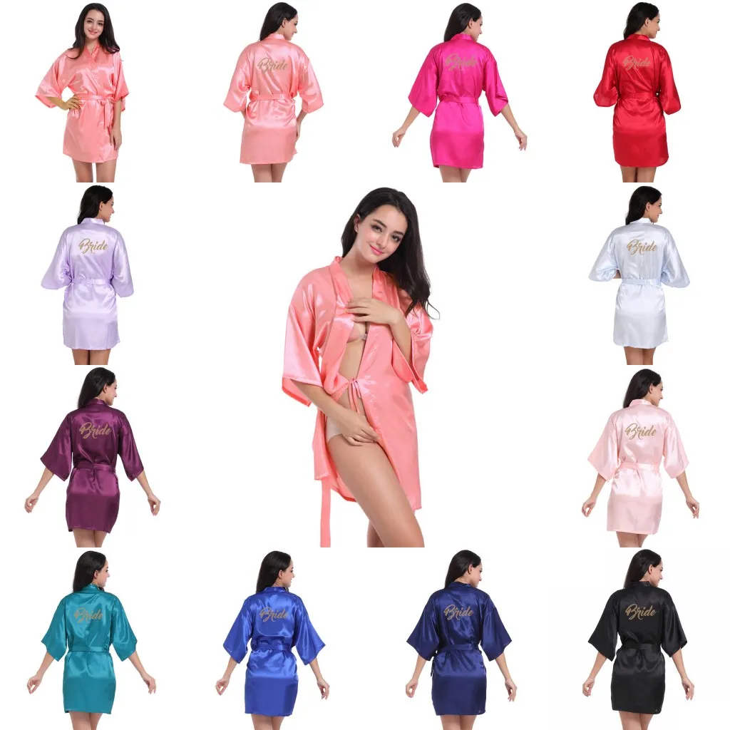 Women Satin Short Nightgown Kimono Robe Letter Printed Bathrobe Night