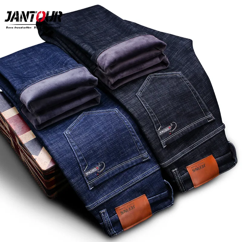 Hohe Qualität Winter Warme Fleece Männer Jeans Dicke Stretch Denim Jeans Straight Fit Hose Baumwollhose Männer Große Größe40 42 44