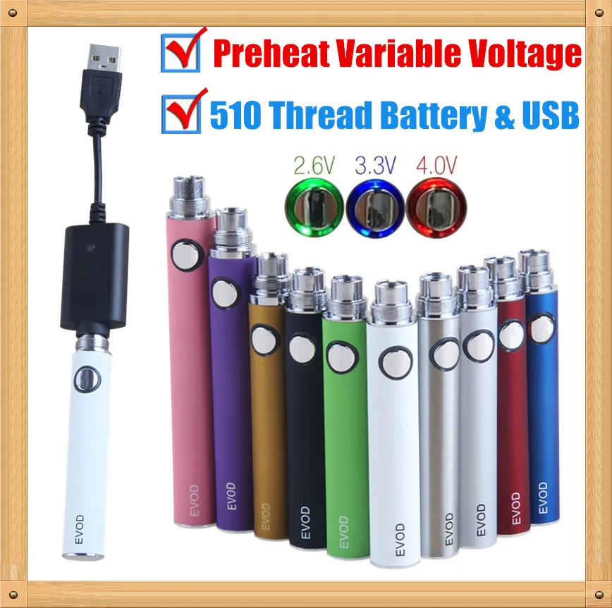 MOQ 5Pcs Preheat EVOD VV 510 Thread Vape Pen Battery Kits & USB Charger 650 900 1100 mAh Variable Voltage For Thick Oil Cartridge 100% Quality