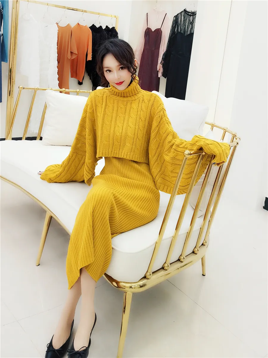 Turtleneck Piece Knit Dress Chic Knit Dress Set: Autumn Winter