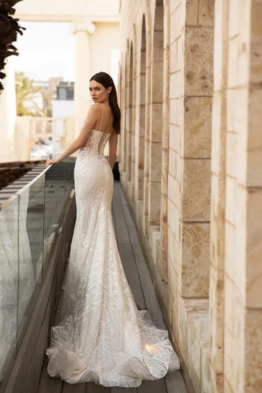 modern mermaid dress Modern Mermaid Wedding Dress with Spaghetti Straps and V-Back