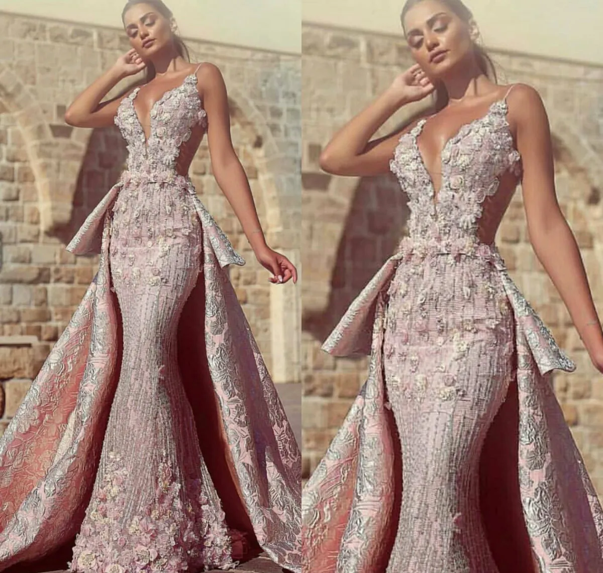 2019 magnifiques robes de bal de sirène avec train détachable col en V profond dentelle 3D Floral Appliqued robe de soirée perles longues robes de Quinceanera