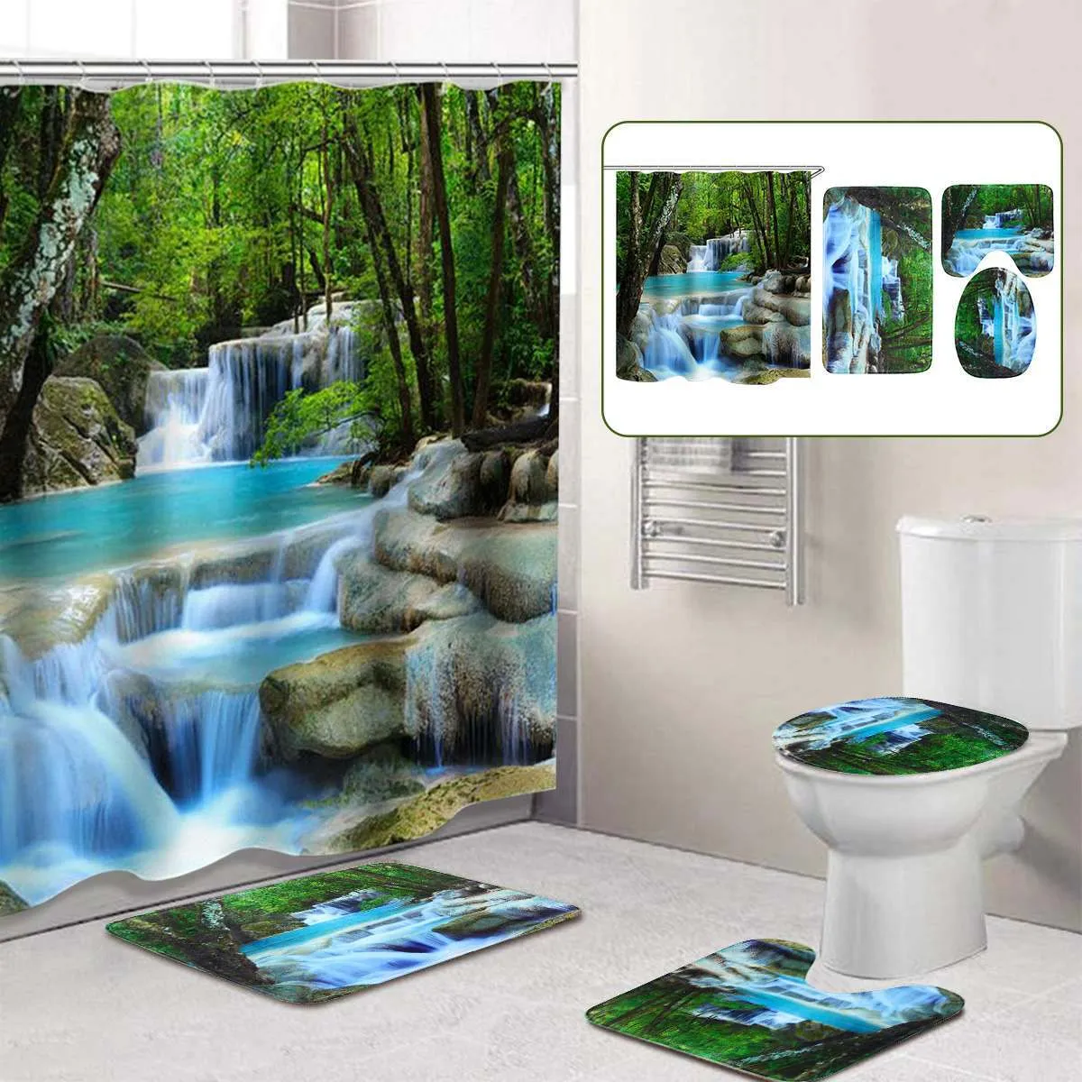 3D Waterfall Scenery Waterproof Shower Curtain Bathroom Landscape Trees Flower Bath Mat Set Pedestal Rug Lid Toilet Cover T200102