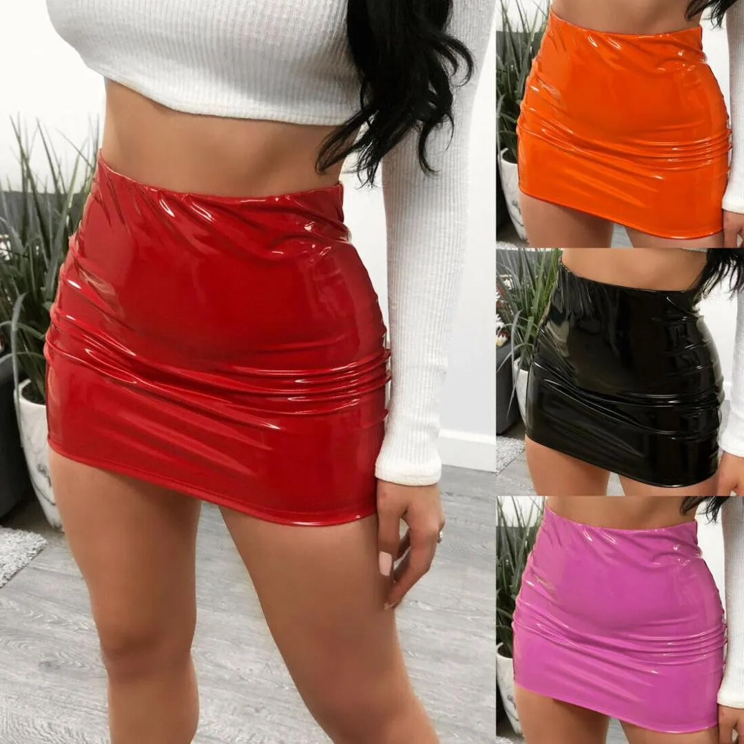 Summer New Women Sexy Bright Leather Wet Look Bodycon Slim Ellastic Waist Micro Mini Skirt Evening Party Clubwear