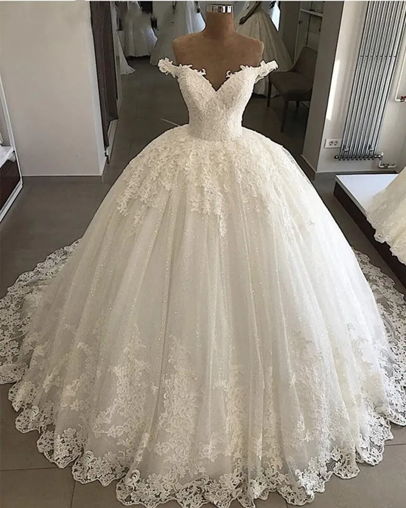 Robes de mariée princesse 2019 nouvelle robe de bal hors épaule chérie paillettes appliques dentelle saoudienne robe de mariée arabe robe de noiva