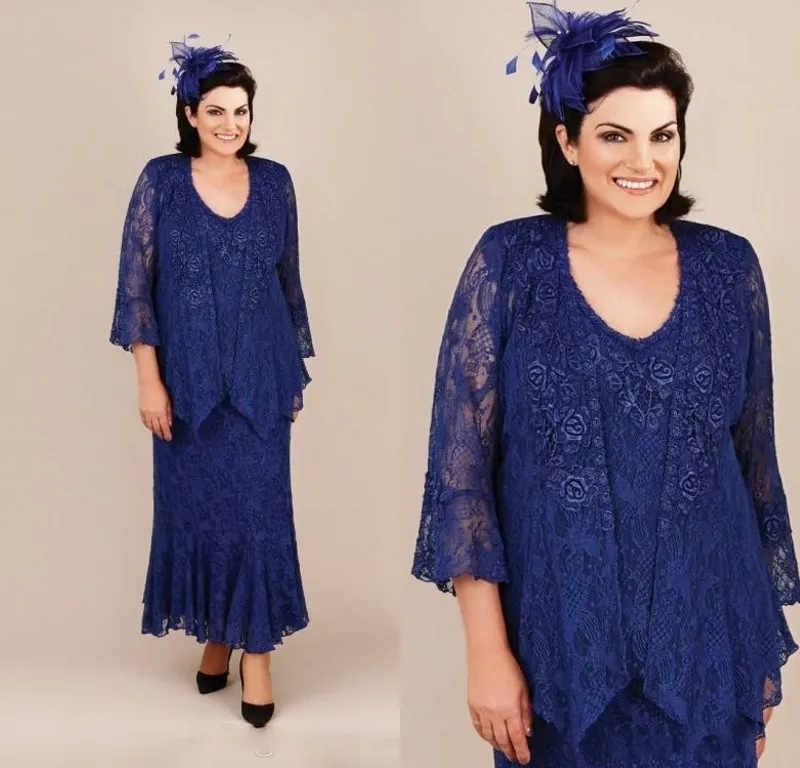 Mãe elegante da noiva Vestidos Royal Azul Sereia Lace Mães Wedding Guest Dress Vestido Ankel Comprimento Plus Size Vestidos de Noivo de Mãe