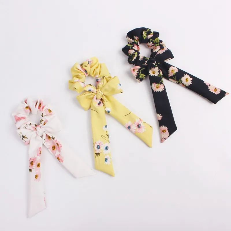 Bow Streamers Hair Ring Fashion Ribbon Girl Elastic Hair Bands Scrunchies Horsetail Tie Floral Print Headwear Hair Accessories 50pcs F316