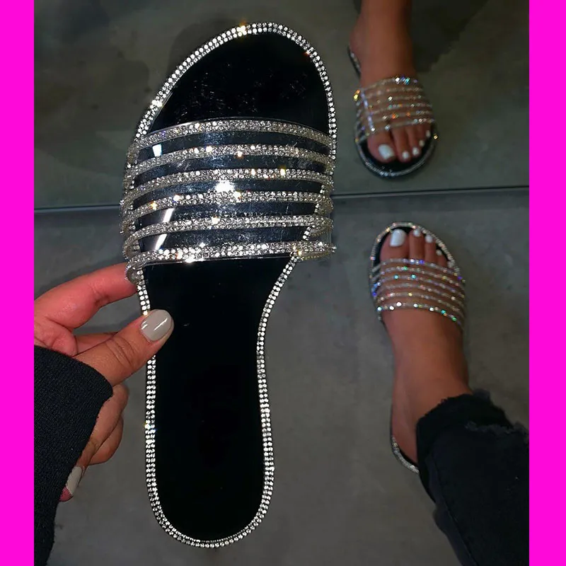 High Quality Women Summer Slippers Flat Sandals Rhinestone Beach house ladies Slippers slides Black pantuflas Ladies Shoes