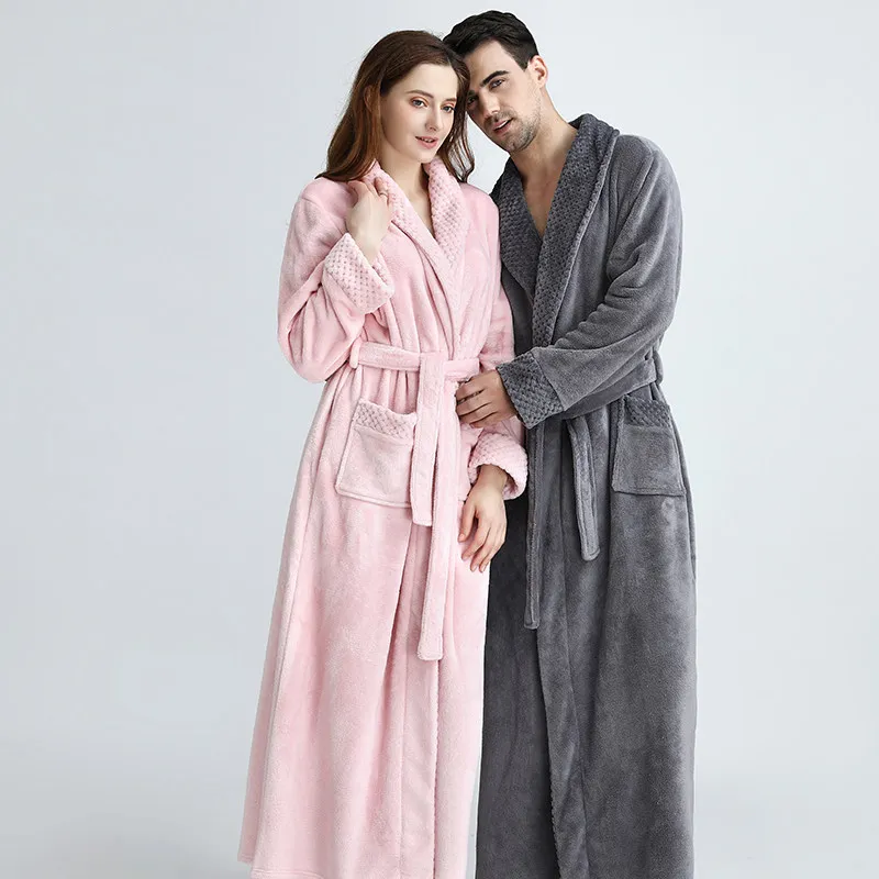 Extra Long Plus Size Winter Warm Coral Fleece Bademantel Frauen Männer Flanell Dobby Kimono Bad Robe Brautjungfer Dressing Kleid Hochzeit Sh190705