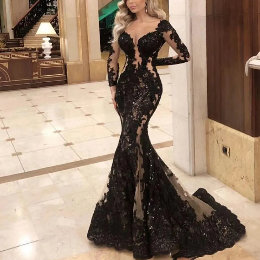 Черное платье выпускного вечера 2020 с длинным рукавом с бисером с бисером русалки вечерние платья вечернее платья формальные платья арабский блестящий черные платья