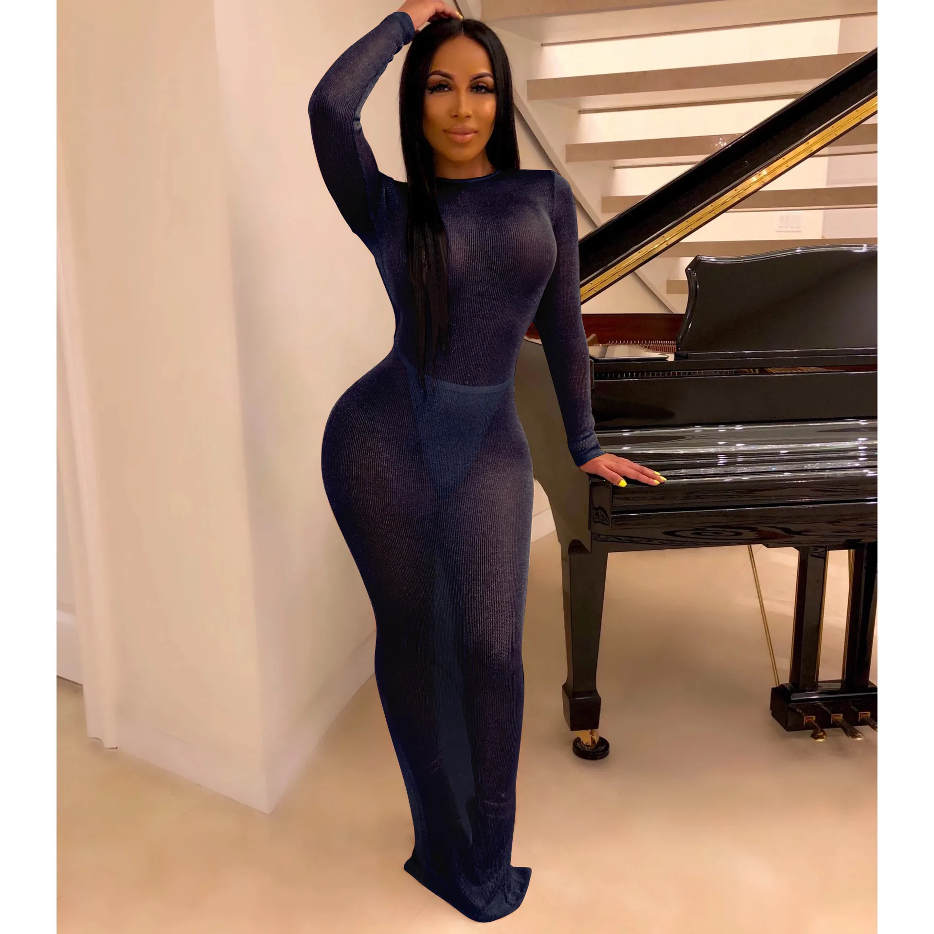 ANJAMANOR Backless Long Sleeve Maxi Dress See Through From 13