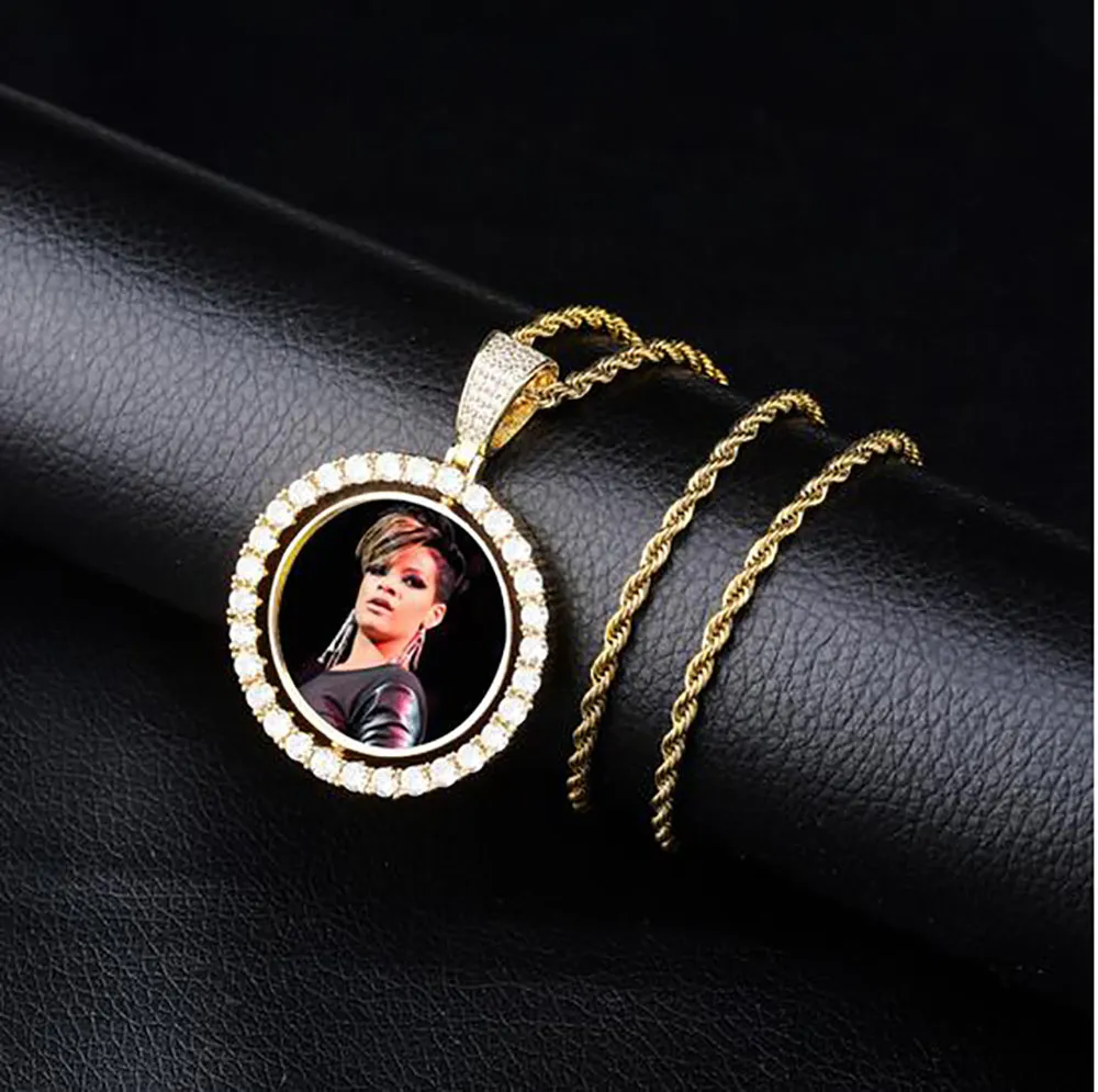 Specialgjorda fotomedaljonger hängande halsband Dubbelsidig rotation med repkedja Guld Silver Roseguld Färg Cubic Zircon