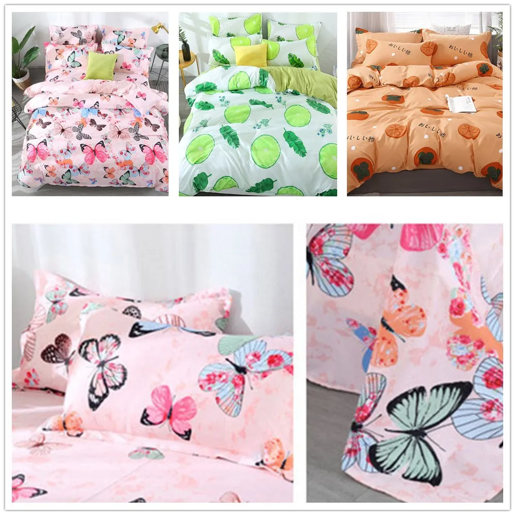 4PCS Fashion Butterfly Fruit Printed Cotton Quilt Duvet Cover Comforter Bed Sheets Pillowcase Bedding Sets Kids Comforters Bedroom Decor