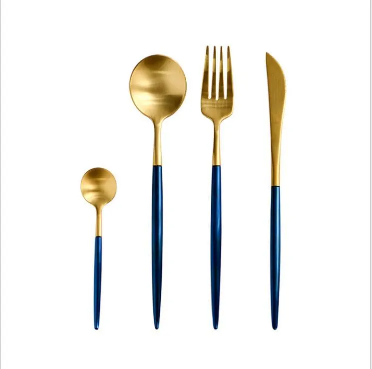 100% marca 4 Pz / lotto Golden Blue Set di posate Oro 18/10 Acciaio inossidabile Dinnerwar Set Forchetta Coltello Scoop Sliverware Matrimonio