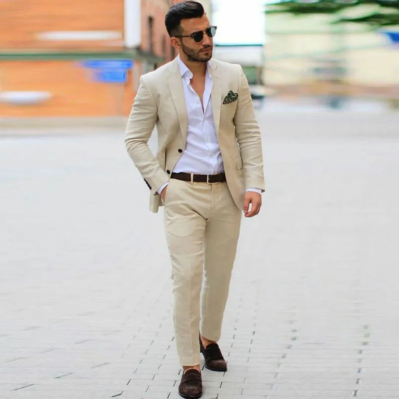 Beige Linen Men Suits For Wedding Groom Tuxedo Man Suits With Pants ...