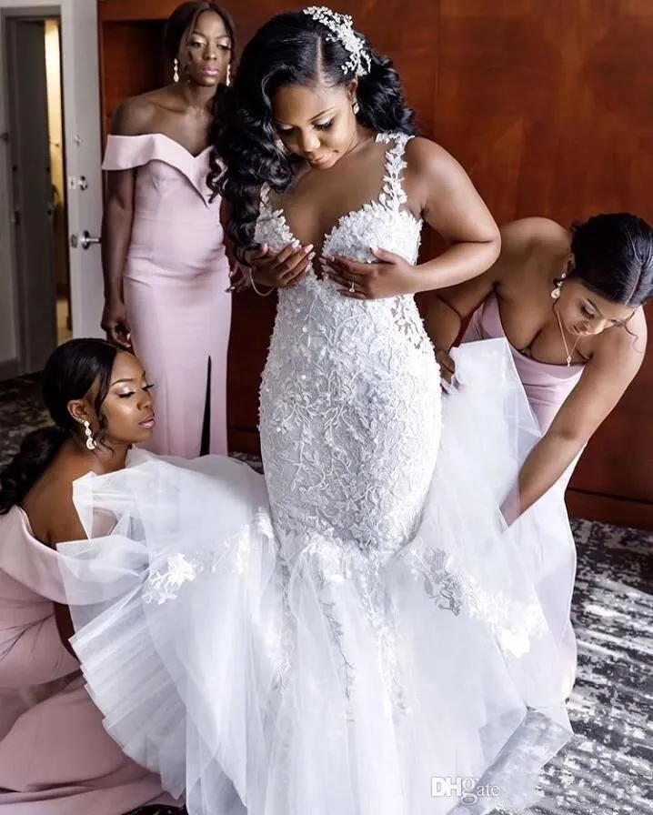 Robes De Mariée Sirène En Dentelle Africaine 2020 Sheer Ras Du Cou Tulle Appliques Robe De Mariée Balayage Train Robes De Mariée Robe De Novia BC3614