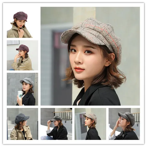 Autumn Winter Women Beret Octagonal Hats Worsted Plaid Newsboy Caps For Lady Fashion Short Eaves Dome Casual Style Hats Free Shipping