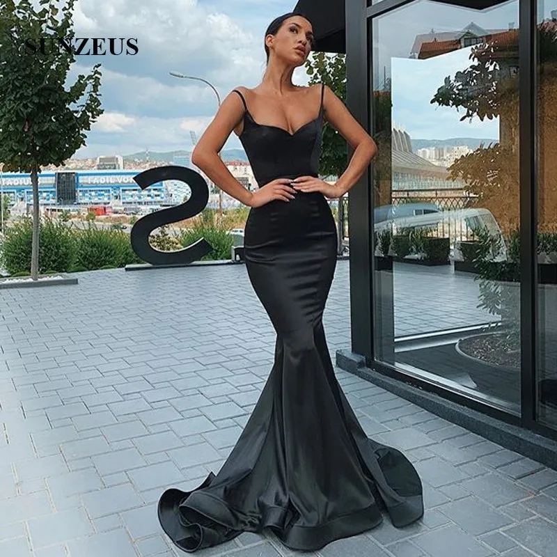 Mermaid Spaghetti Straps Long Evening Gowns 2020 Black Satin Formal Dresses Simple Elegant Party Robe Women Dress