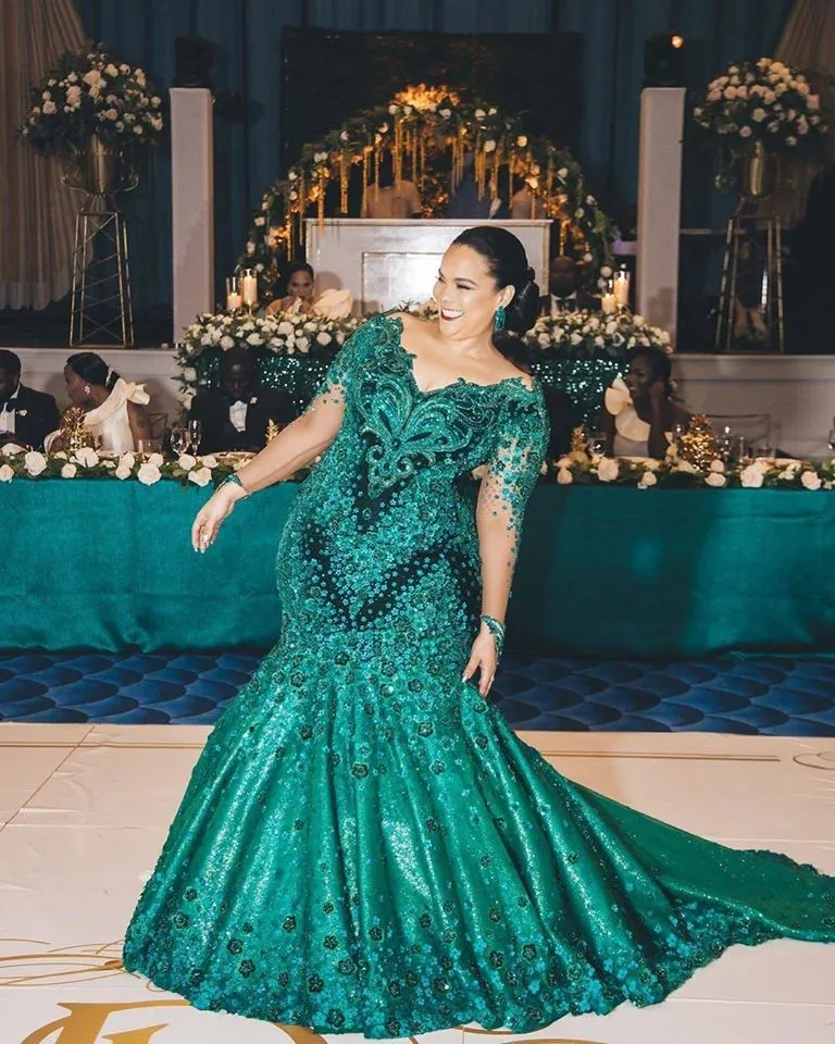 2020 Arabo Aso Ebi Lussuoso Hunter Green Abiti da sera sexy Abiti da ballo con perline di pizzo Abiti da cerimonia per feste convenzionali a sirena ZJ366