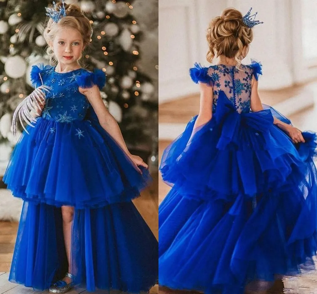 Royal Blue Little Girls Pagant Party Dresses 2020 See Through Lace Back Ruffles Cap Sleeves Tiered Hi-Lo Princess Flower Girl Dress Al4183
