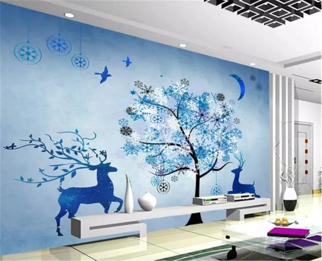 2019 nuevo hermoso azul copo de nieve ciervo moda luz de la luna sala de estar TV Fondo HD Superior decoraciones interiores papel tapiz 3d