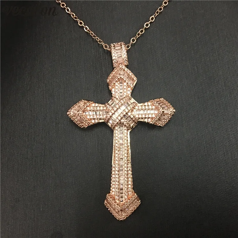 Vecalon Hiphop Big Cross Pendant Rose Goud gevuld 925 Silver Diamond Party Wedding Pendanten met ketting voor vrouwelijke mannen sieraden