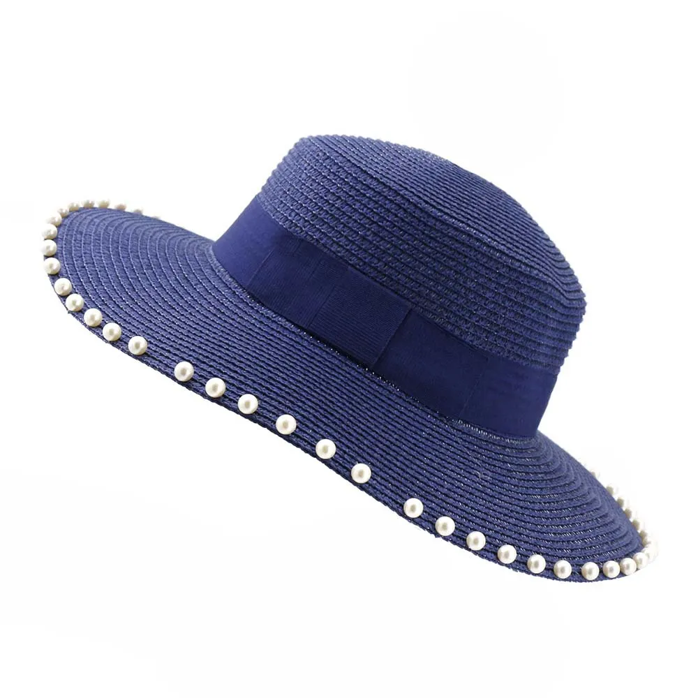 Cappelli da sole estivi da donna in paglia di carta con sommità piatta e perle finte a tesa larga, decorano cappelli da sole da spiaggia da viaggio all'aperto, cappelli da donna