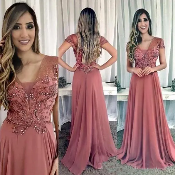 Cristais mangas frisados ​​2019 Vestidos A-line Chiffon baratos Vestidos de baile elegante formal do partido da dama de honra Vestidos