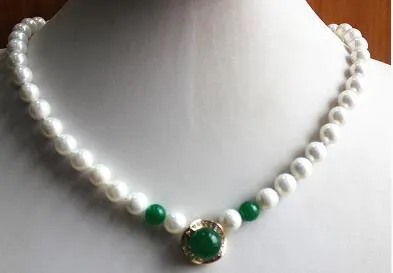 free shipping 8mm nice white shell pearl necklace+14mm green jades pendant necklace