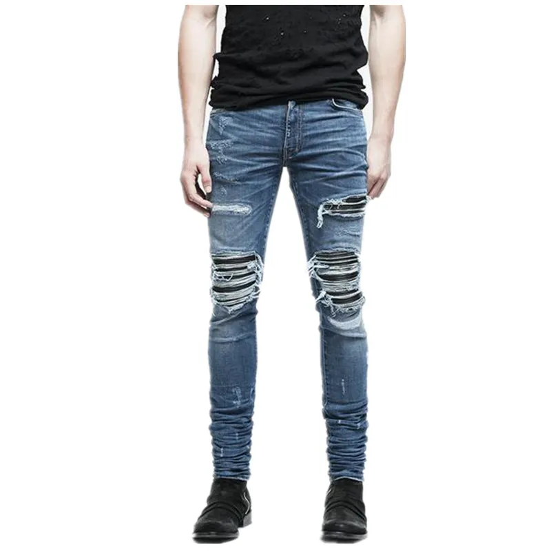 Män Mode Märke Designer Ripped Biker Jeans Distressed Moto Denim Joggers Förstörda Knee Black Läder Pläterad Patch Jeans