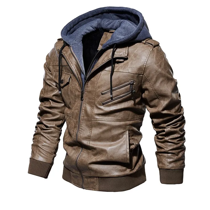 Mens Leather Jacket Casual Motorcycle Removable Hooded Pu Leather