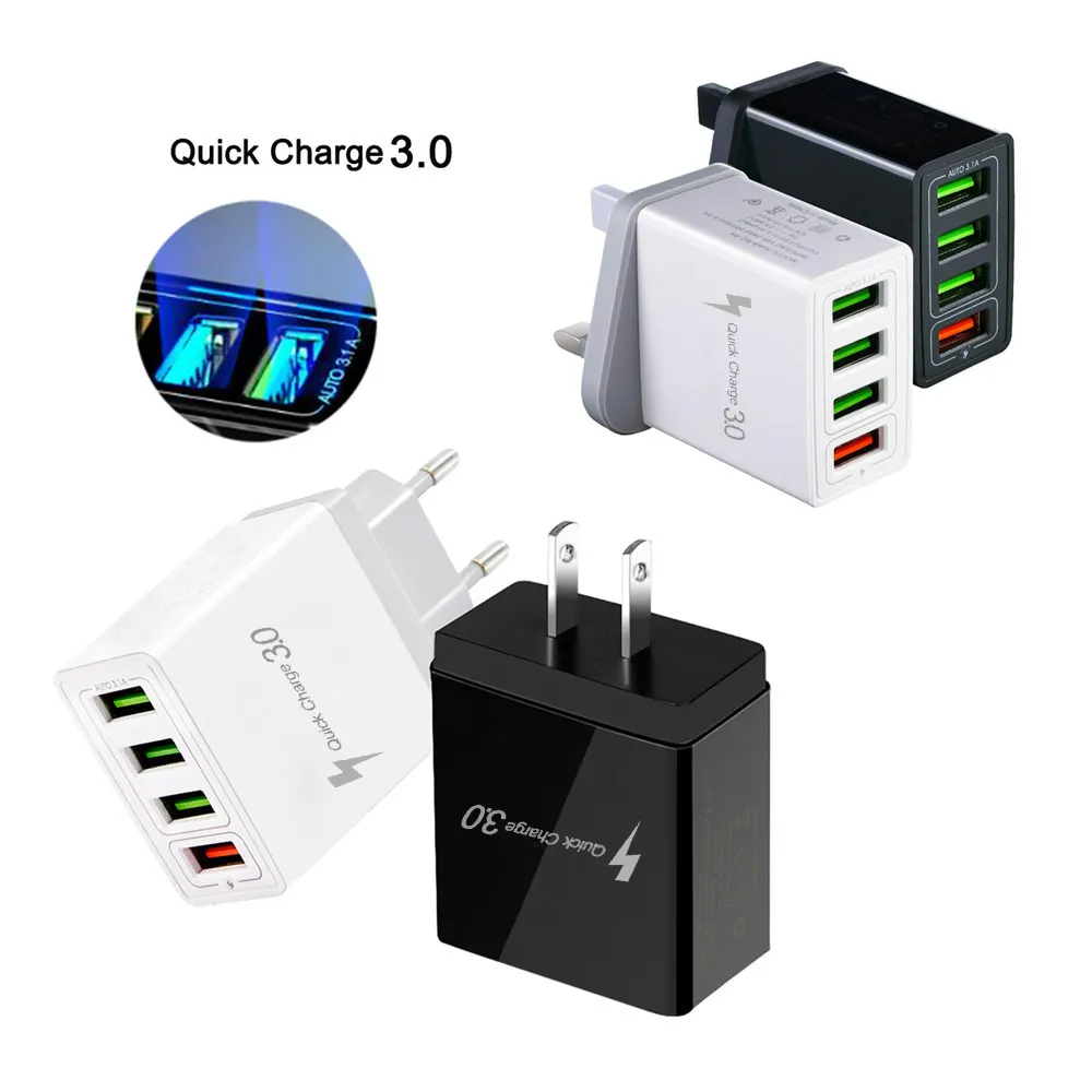 QC3.0 4 USB fast charging mobile phone charger multi-ports US European UK travel charger adapter