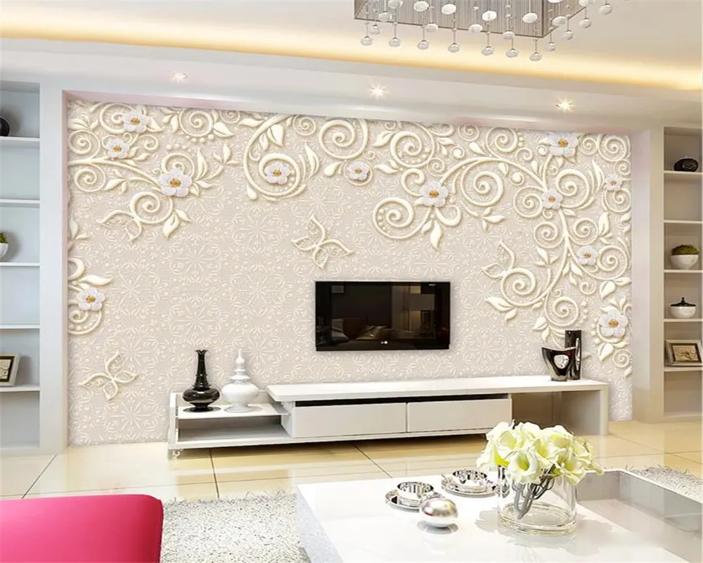 Carta da parati 3d per soggiorno Foto personalizzata Diamante Perla Fiore Romantico Bella TV europea Sfondo muro Wallpaper